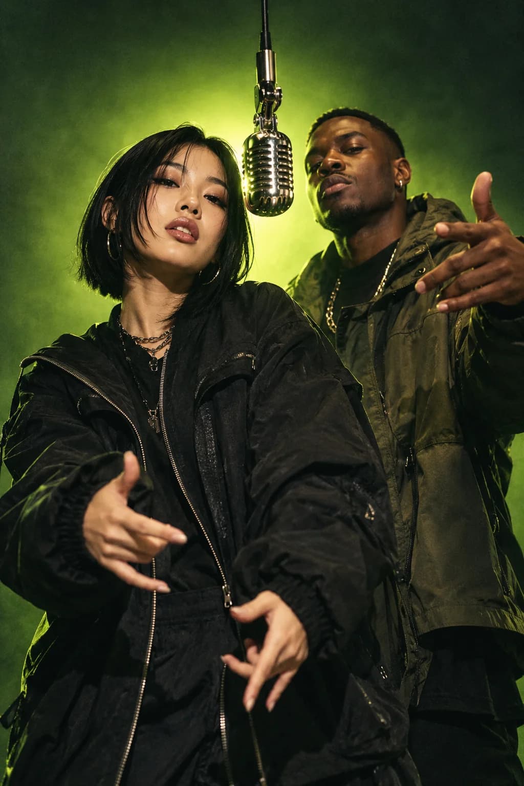 Two fictional rap performers at a chrome microphone in a green studio with lime lighting